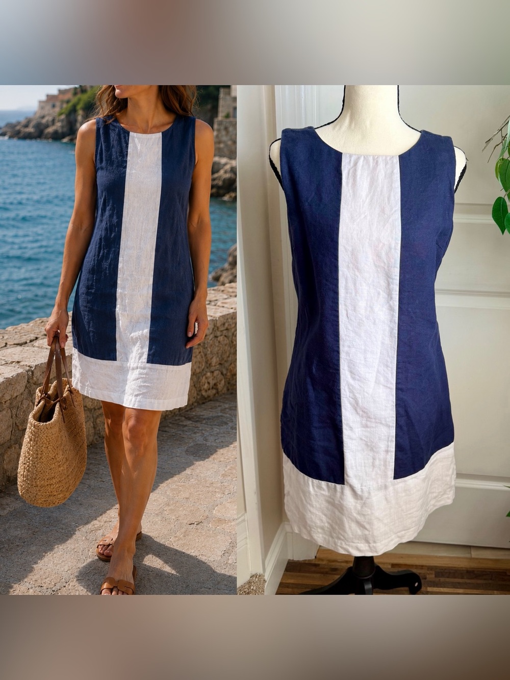 Kenar Linen Colorblock Sleeveless Shift Mini Dress Navy White Sz 4